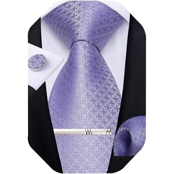 Men Purple Plaid Silk Checkered Necktie Pocket Square Cufflinks Tie Clip  Set